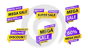 Sale tags collection. Special offer, big sale, discount, best price, mega sale banner set. Shop or online shopping. Sticker, badge