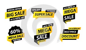 Sale tags collection. Special offer, big sale, discount, best price, mega sale banner set. Shop or online shopping. Sticker, badge