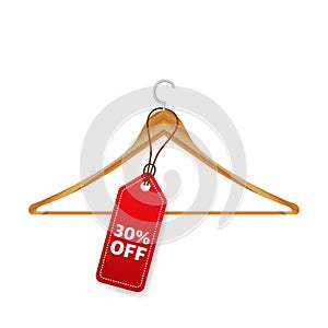 Sale Tags Design with Half Price Text in Red Color Hanging on a hanger. Vector Illustration.