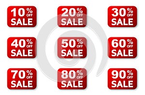 Sale tags with different percentages. Special offer sale red tags. Sale stickers isolated