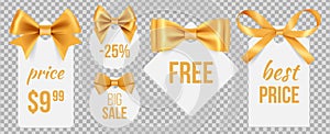 Sale tags. Gold silk bows and promo badges. Vector holidays sale labels with decorative satin ribbons isolated on