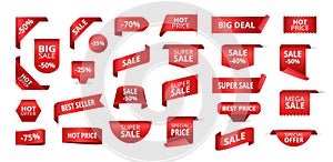 Sale tags. Red ribbon discount labels, special offer badges and promotional banners isolated vector set