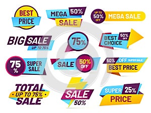 Sale tags. Retail sales stickers, promotion price label and store pricing banner sticker isolated vector set photo