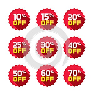 Sale tags set vector badges template, 10 off, 15, 20, 25, 30, 40, 50, 60, 70 percent sale label symbols, discount