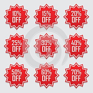 Sale tags set vector badges template, 10 off, 15 %, 20, 25, 30, 40, 50, 60, 70 percent sale label symbols, discount promotion flat