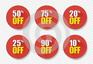 Sale tags set vector badges template, 10 off, 20, 25, 50, 75 90 percent sale label symbols, discount promotion flat icon with long