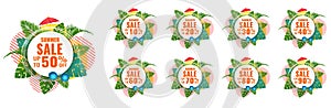 Sale tags set vector badges template, 10 off, 20 %, 90, 80, 30, 40, 50, 60, 70 percent sale label symbols, discount promotion flat