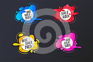 Sale tags set vector badges template, 10 off, 20 %, 90, 80, 30, 40, 50, 60, 70 percent sale label symbols, discount promotion flat