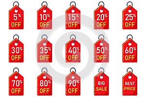 Sale tags set vector badges template, 5, 10 off, 15 , 20, 25, 30, 35, 40, 50, 60, 70 percent sale label symbols, discount