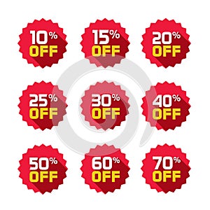 Sale tags set vector badges template, 10 off, 15, 20, 25, 30, 40, 50, 60, 70 percent sale label symbols, discount photo