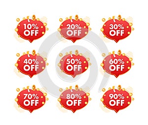 Sale tags. Special offer discount tag 10, 10, 20, 30, 40, 50, 60, 70, 80, 90 percent off price. Discount promotion