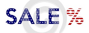 Sale text in American flag colors isolated vector banner.USA patriotic red white, blue design with stars and stripes