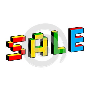 Sale text in style of old 8-bit games. Vibrant colorful 3D Pixel Letters. Creative digital vector illustration. Online