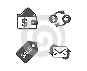 Sale ticket, Wallet and Currency exchange icons. Refresh mail sign. Vector