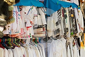 Sale of traditional embroidered clothes in Bukovina, Romania