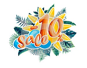 Sale. Tropical flowers, leaves and plants. the discount on the product