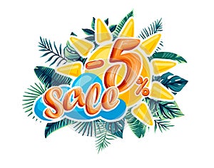 Sale. Tropical flowers, leaves and plants. the discount on the product