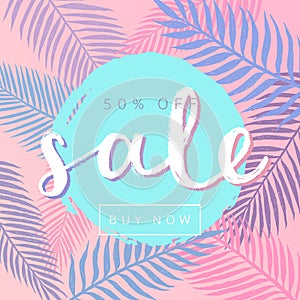 Sale. Tropical leaves background
