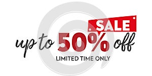 Sale up to 50 percent off handwritten and display tipography lettering black red white background banner
