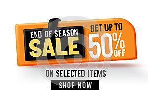 Sale vector banner design. End of season sale with up to 50% off text on selected items