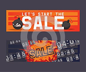 Sale vector cartoon bomb on discount banner boom explosion offer poster background shopping template of shop market with