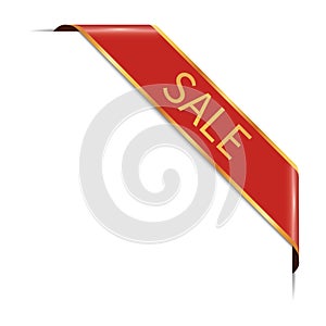 SALE - vector illustration of red corner ribbon banner with gold frame on white background