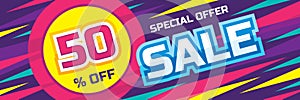 Sale vector origami horizontal banner - special offer 50% off. Abstract background. Design layout template