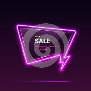 Sale vector template with neon lights. Dialog bubble with thunder flash sign. Vector