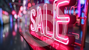 Sale vibrant pink neon sign close-up in a blurred store window display, retail promotion concept