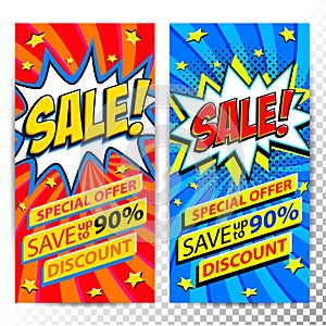 Sale web banners. Set of Pop art comic sale discount promotion banners. Big sale background. Decorative backgrounds with photo