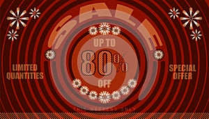 Sale this weekend only up to 80% end of year special offer. vintage retro style. small to big circle from center. creative poster