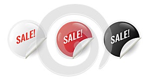 Sale white, red and black glossy button badges sticker label tag special offer promotion banner set vector icon symbol isolated on