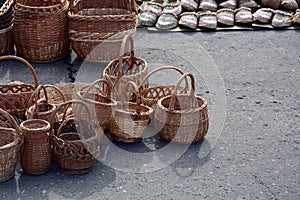 Sale of willow baskets. Wicker baskets of various shapes and sizes. Handmade. Craft