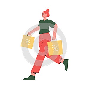 Sale with Woman Character Carrying Bags Shopping and Making Purchase Vector Illustration