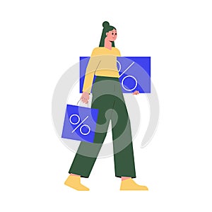 Sale with Woman Character Carrying Blue Bag Shopping and Making Purchase Vector Illustration