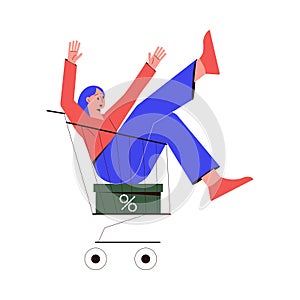 Sale with Woman Character Riding in Cart Shopping and Making Purchase Vector Illustration