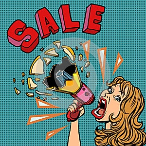 Sale woman with megaphone advertising announcement