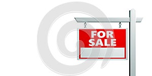 For sale wooden placard. Real estate text sign red color isolated on white. 3d illustration