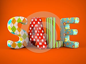 Sale word colorfull fabric on grey background