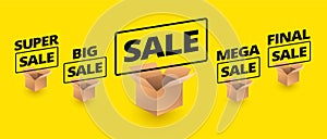 Sale yellow banner background - delivery cardboard boxes icons o