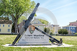 Salem Maritime National Historic Site entrance sign with an anchor in Salem, Massachusetts, USA in 2023