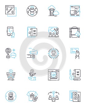 Sales agency linear icons set. Amplify, Procure, Positioning, Conversion, Pipeline, Prospecting, Lead-gen line vector