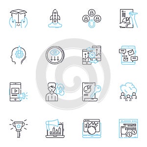 Sales agency linear icons set. Amplify, Procure, Positioning, Conversion, Pipeline, Prospecting, Lead-gen line vector
