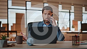 Sales agent talking phone consulting client closeup. Business man working office