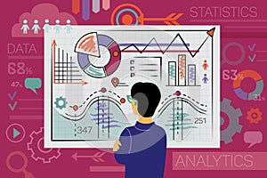 Sales analytics illustration. Office manager and computational data analysis, income statistics, business. Web page cover, banner photo