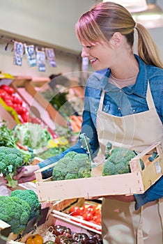 Sales assistant restocking broccoli in green grocers photo