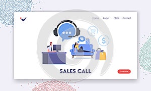 Sales Call Landing Page Template. Woman Buying Goods via Telemarketing Phone Sales Service. Housewife Call to Support
