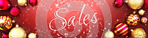 Sales and Christmas card, red background with Christmas ornament balls, snow and a fancy and elegant word Sales, 3d illustration