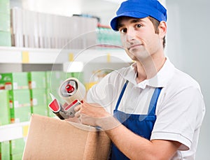 Sales clerk with cardboard box