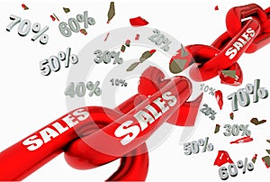 Sales discount prices broken red chain, 10,20,30,40,50,60,70, isolated for background - 3d rendering